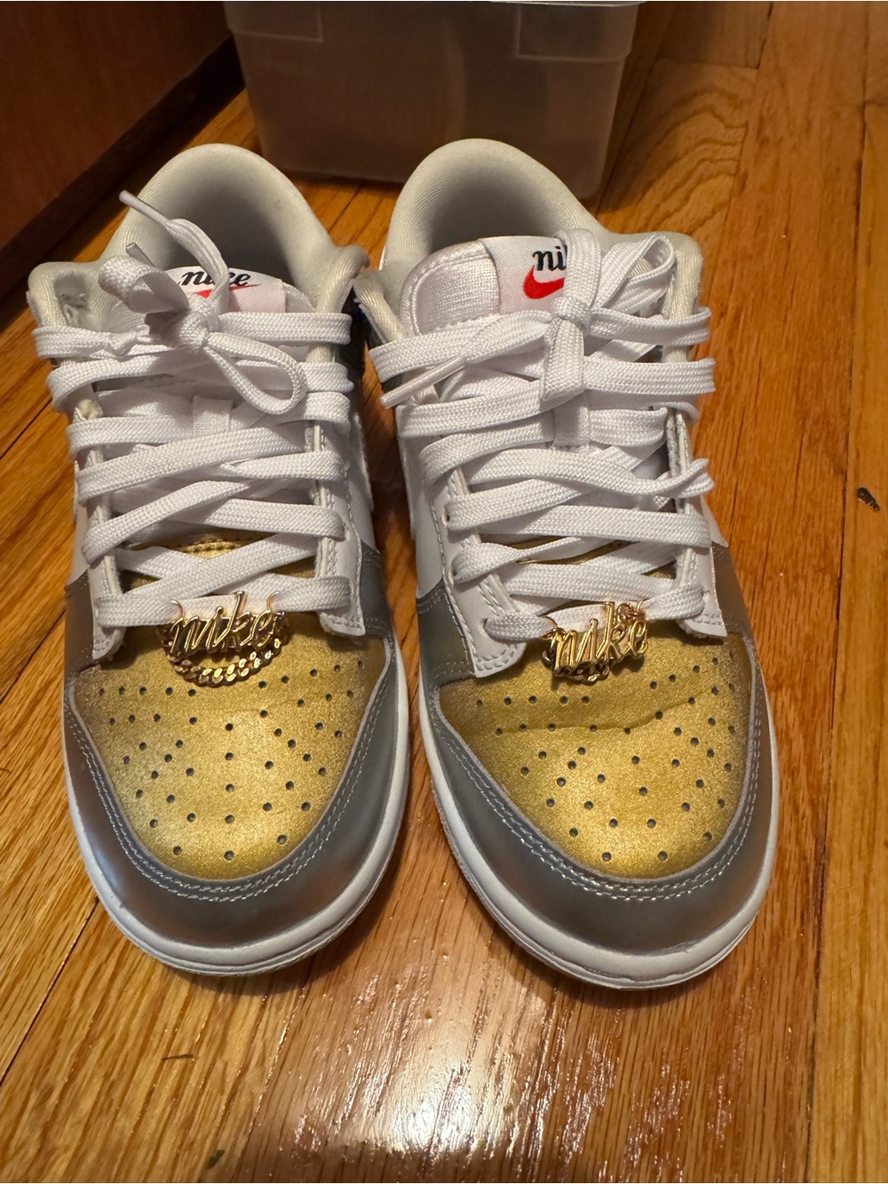 Nike White Sneakers with Metallic Gold and Silver Toe Caps